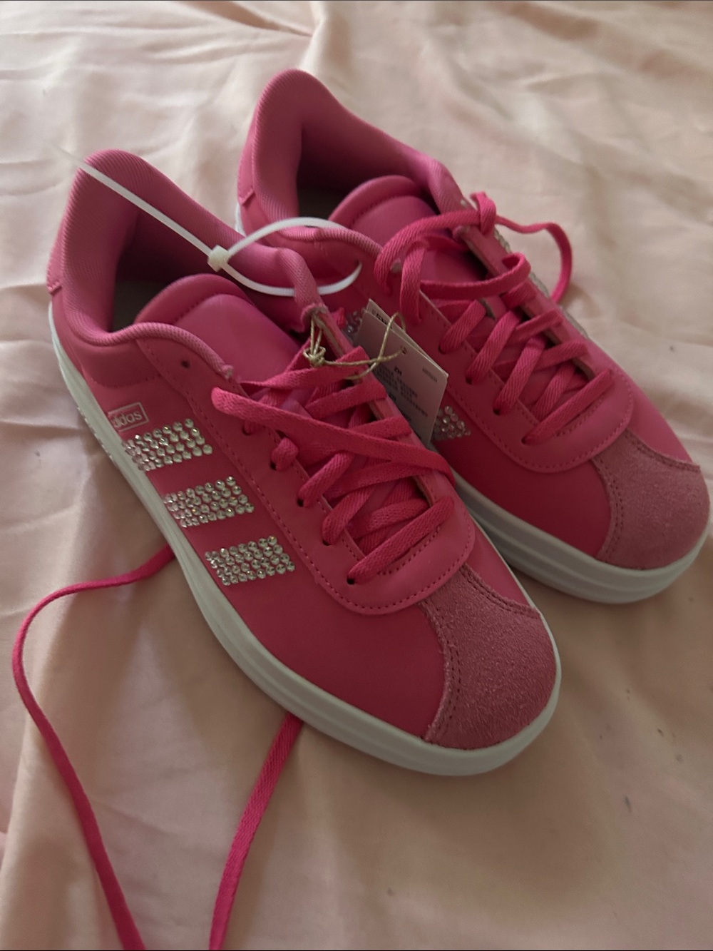 adidas Pink Girls' Crystal-Stripe Lace-Up Sneakers